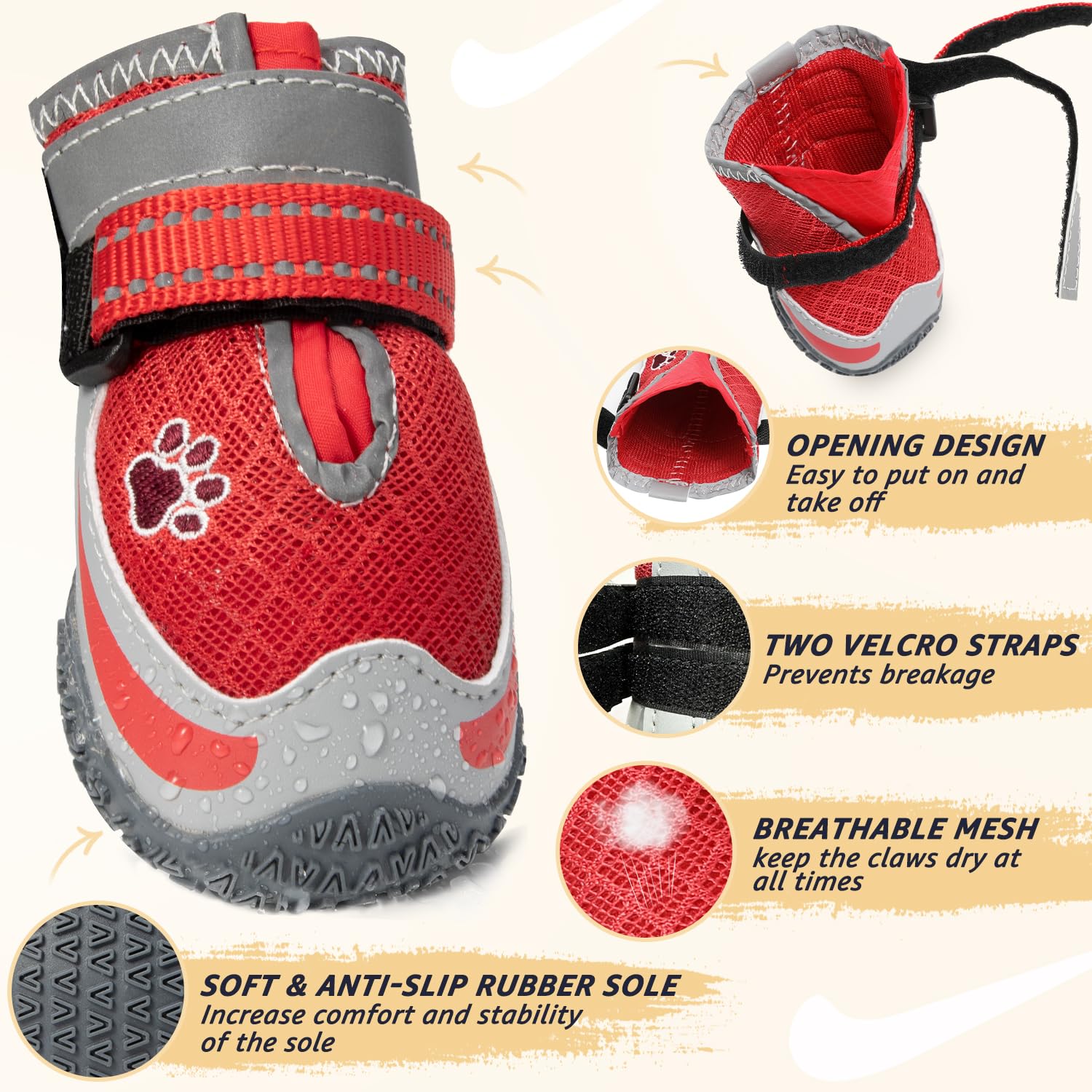 Lukovee Dog Shoes For Large Small Medium Dogs, Breathable Dog Booties For Summer Hot Pavement, Adjustable Anti-Slip Rubber Paw P